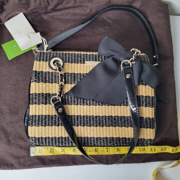 NWT Kate Spade Rattan Black Striped Bow Shoulder Three Pocket Bag W/ Dust Cover - Picture 2 of 14